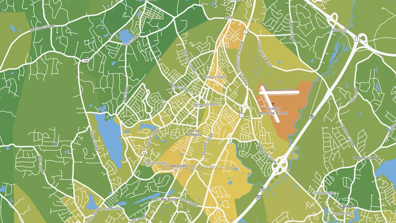Map of the best neighborhoods in the Norwood area, with better matches in green and worse matches in red