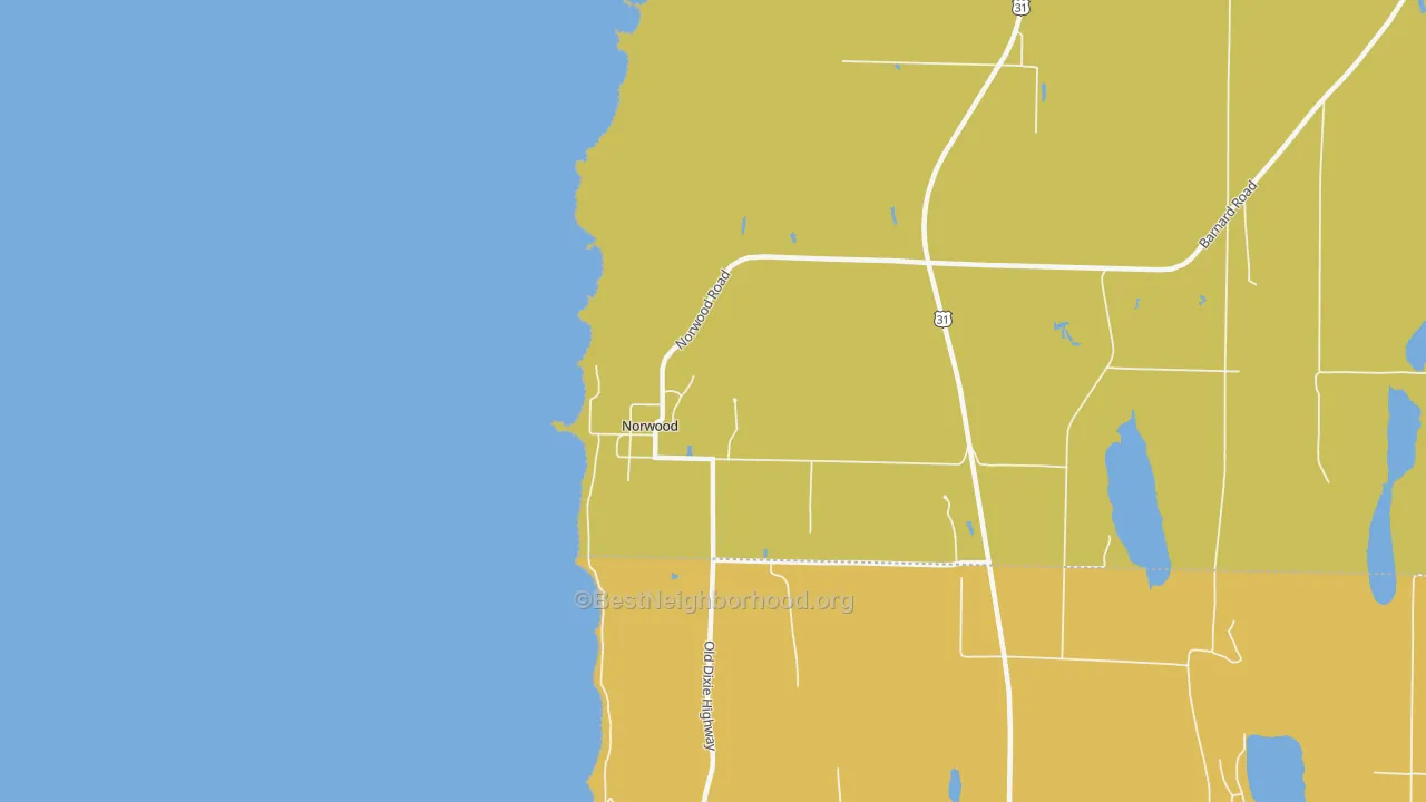 Map of the best neighborhoods in the Norwood area, with better matches in green and worse matches in red