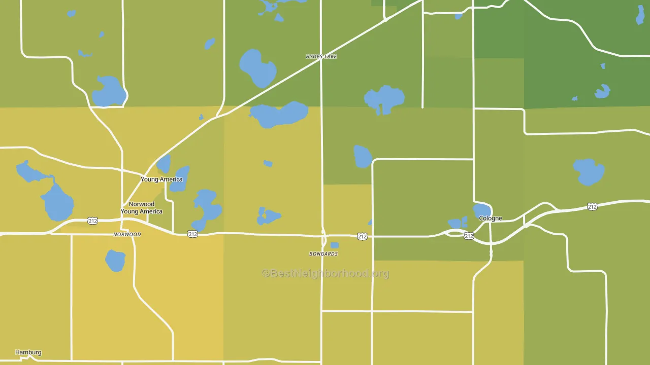 Map of the best neighborhoods in the Norwood area, with better matches in green and worse matches in red