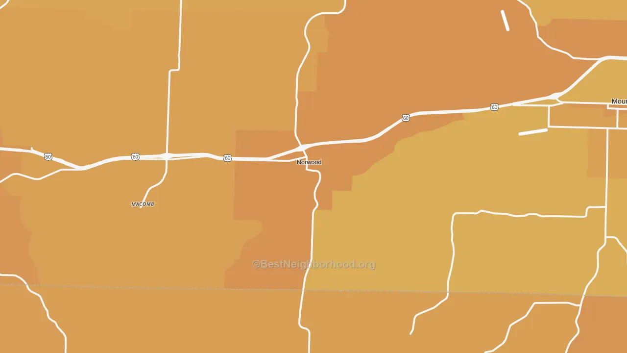 Map of the best neighborhoods in the Norwood area, with better matches in green and worse matches in red