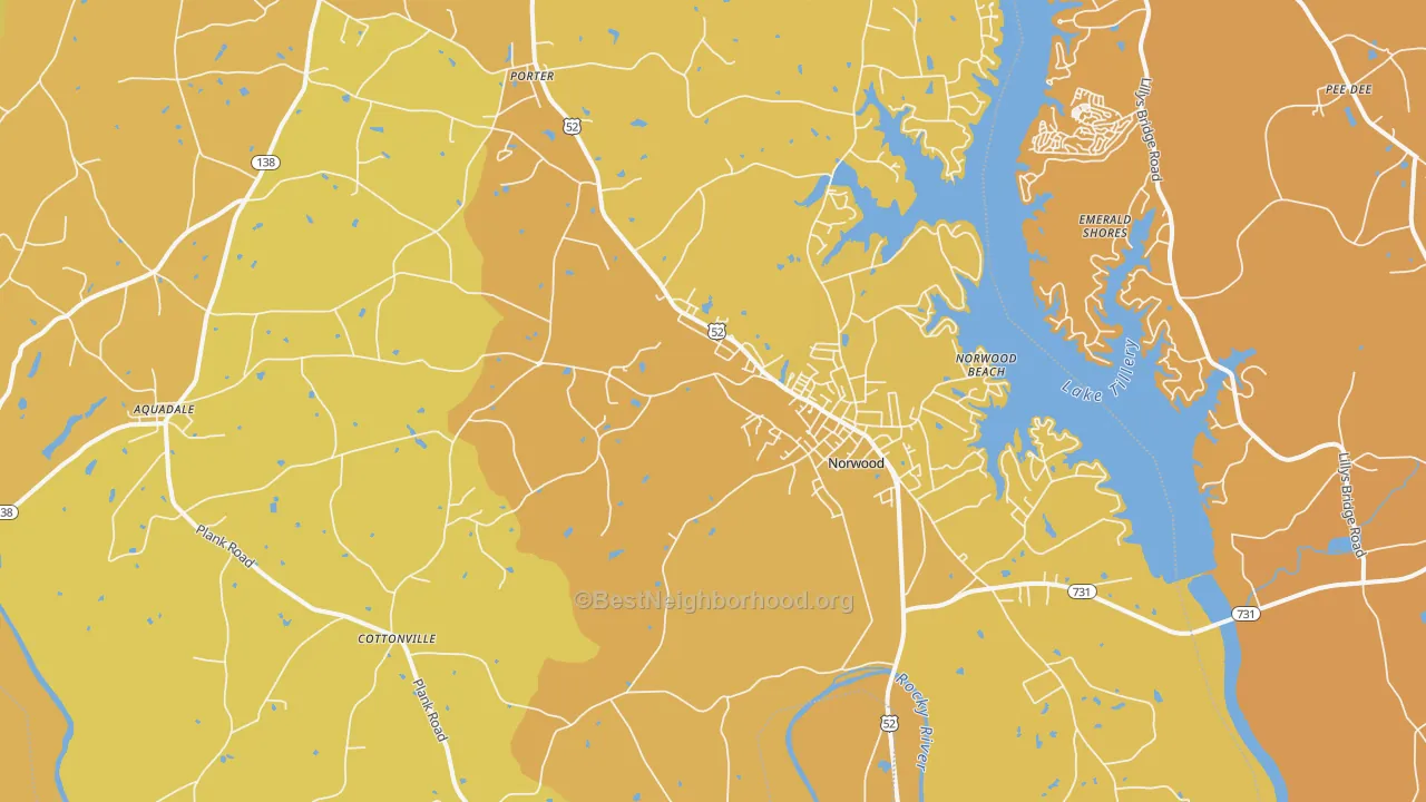 Map of the best neighborhoods in the Norwood area, with better matches in green and worse matches in red