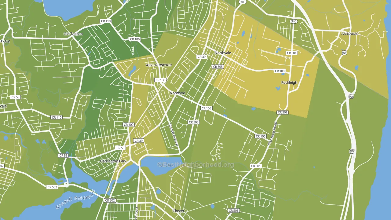 Map of the best neighborhoods in the Norwood area, with better matches in green and worse matches in red