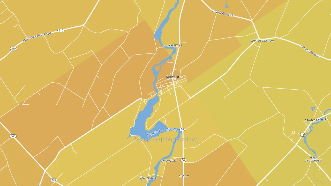 Map of the best neighborhoods in the Norwood area, with better matches in green and worse matches in red