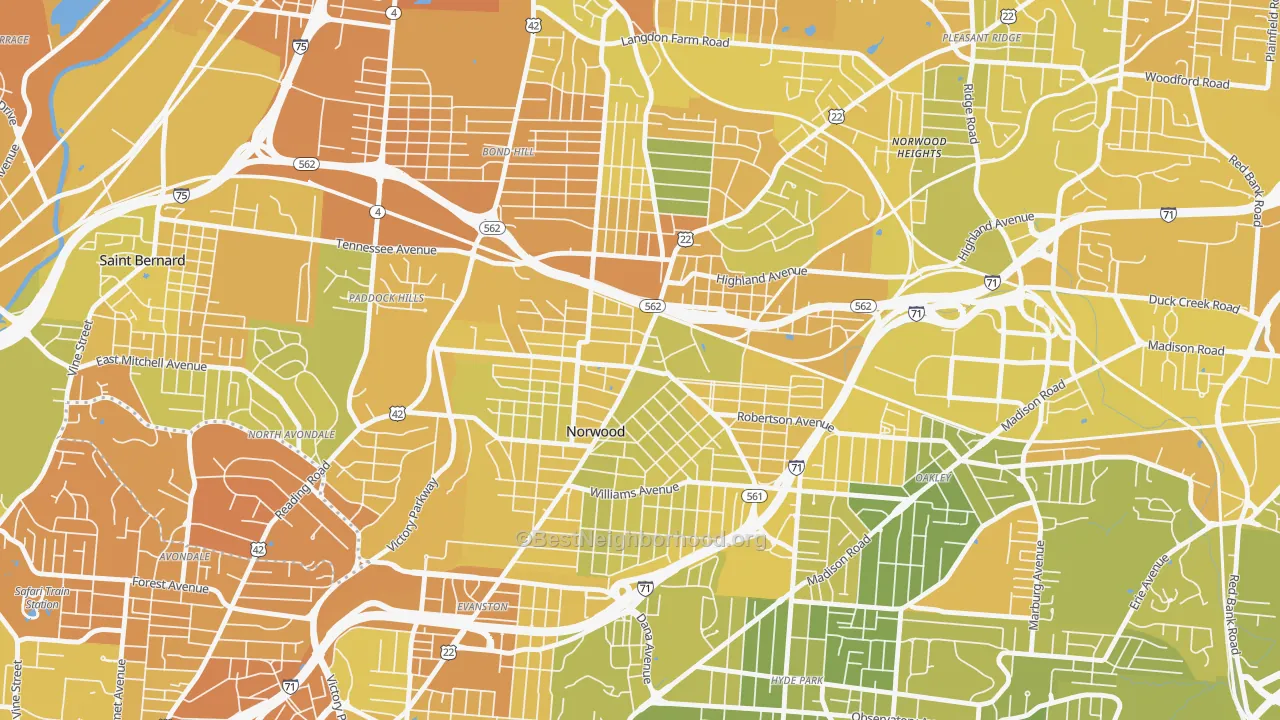 Map of the best neighborhoods in the Norwood area, with better matches in green and worse matches in red