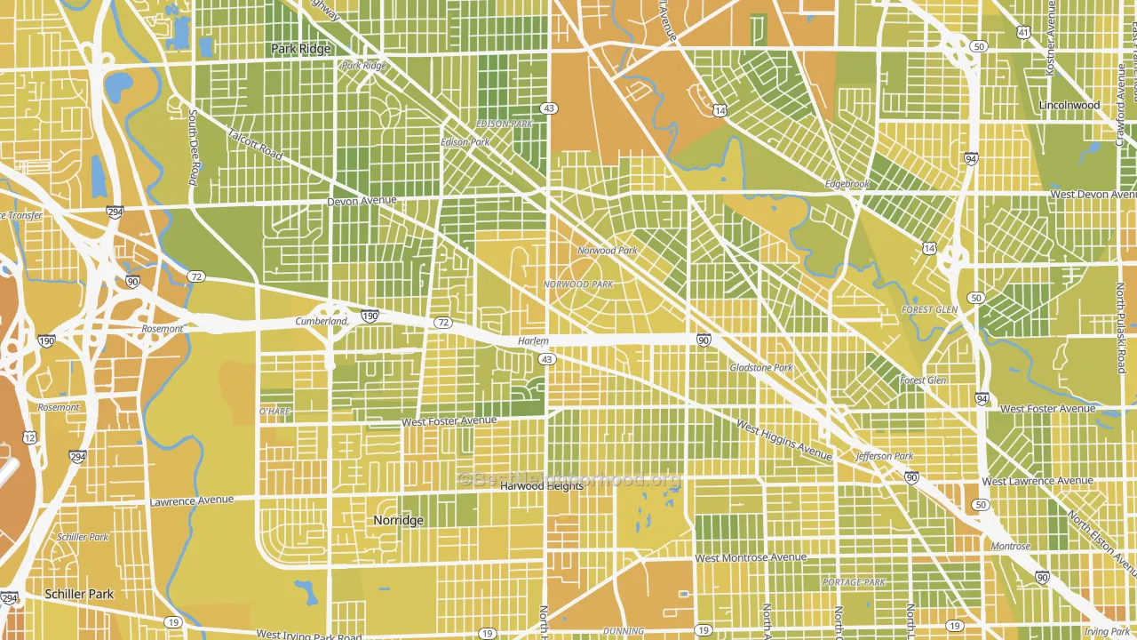 Map of the best neighborhoods in the Norwood Park, Chicago area, with better matches in green and worse matches in red