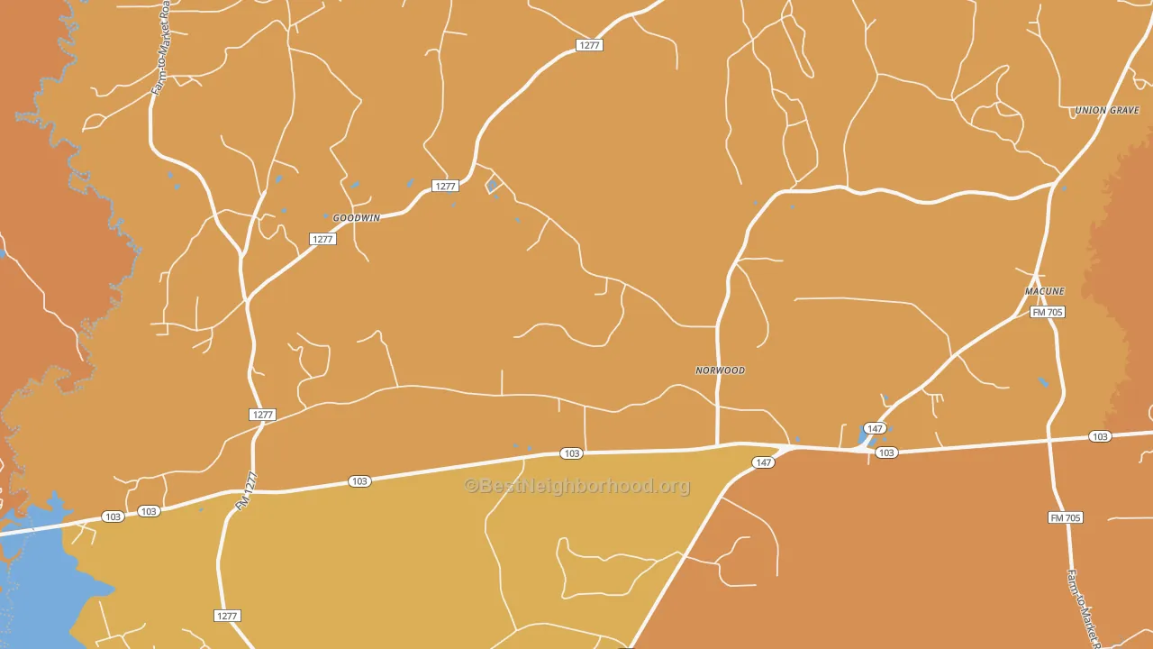 Map of the best neighborhoods in the Norwood area, with better matches in green and worse matches in red