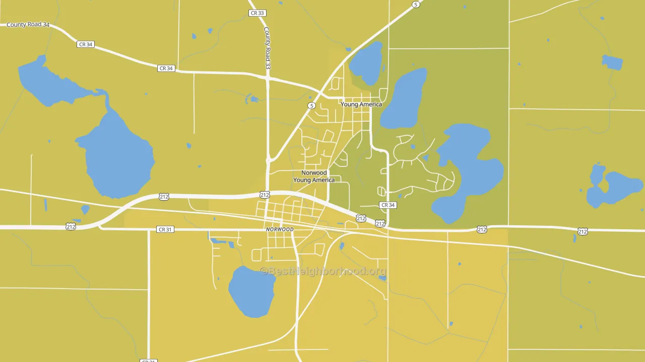 Map of the best neighborhoods in the Norwood Young America area, with better matches in green and worse matches in red