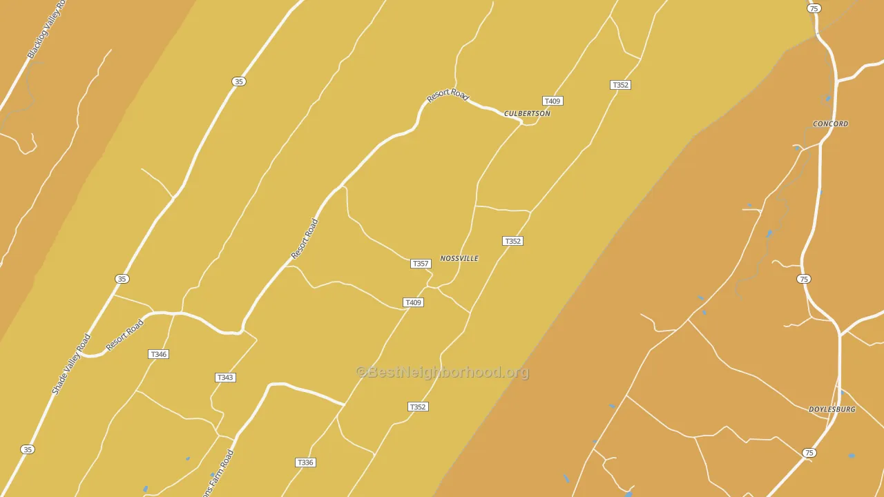 Map of the best neighborhoods in the Nossville area, with better matches in green and worse matches in red
