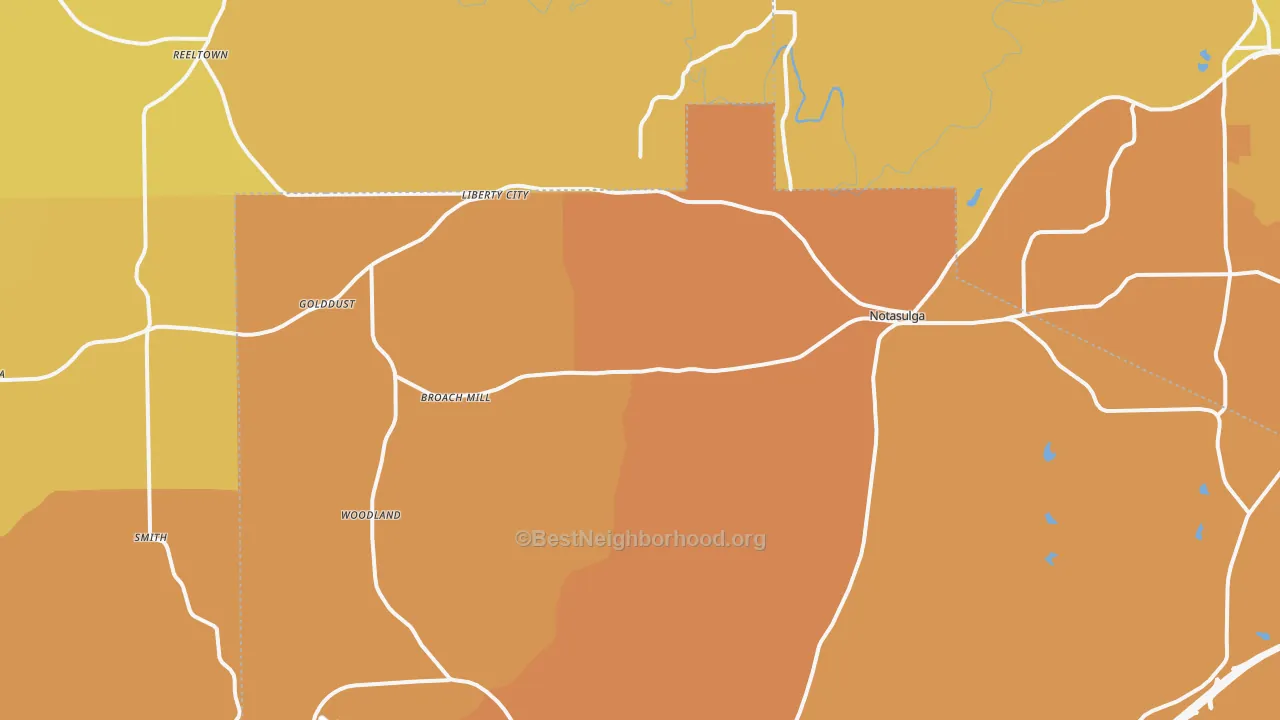 Map of the best neighborhoods in the Notasulga area, with better matches in green and worse matches in red