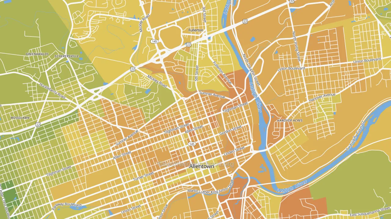 Map of the best neighborhoods in the NoTi, Allentown area, with better matches in green and worse matches in red