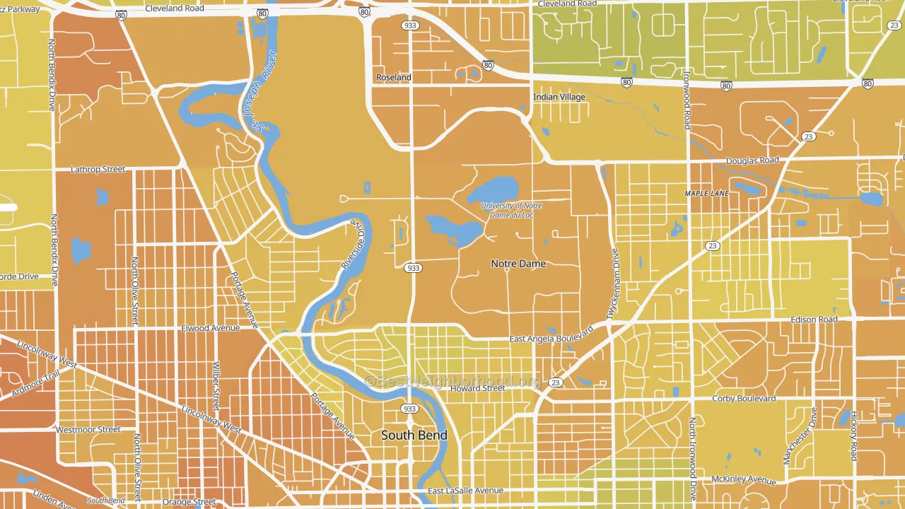 Map of the best neighborhoods in the Notre Dame area, with better matches in green and worse matches in red