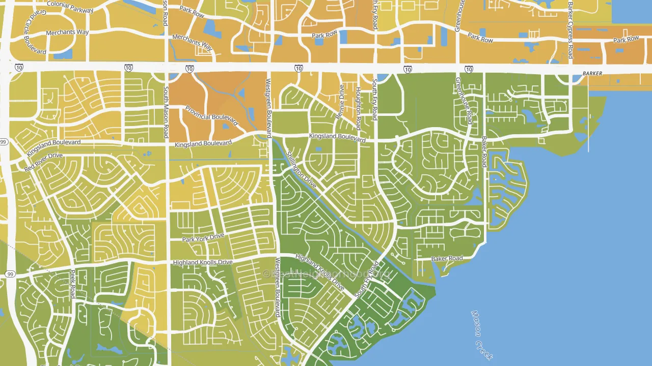 Map of the best neighborhoods in the Nottingham, Katy area, with better matches in green and worse matches in red