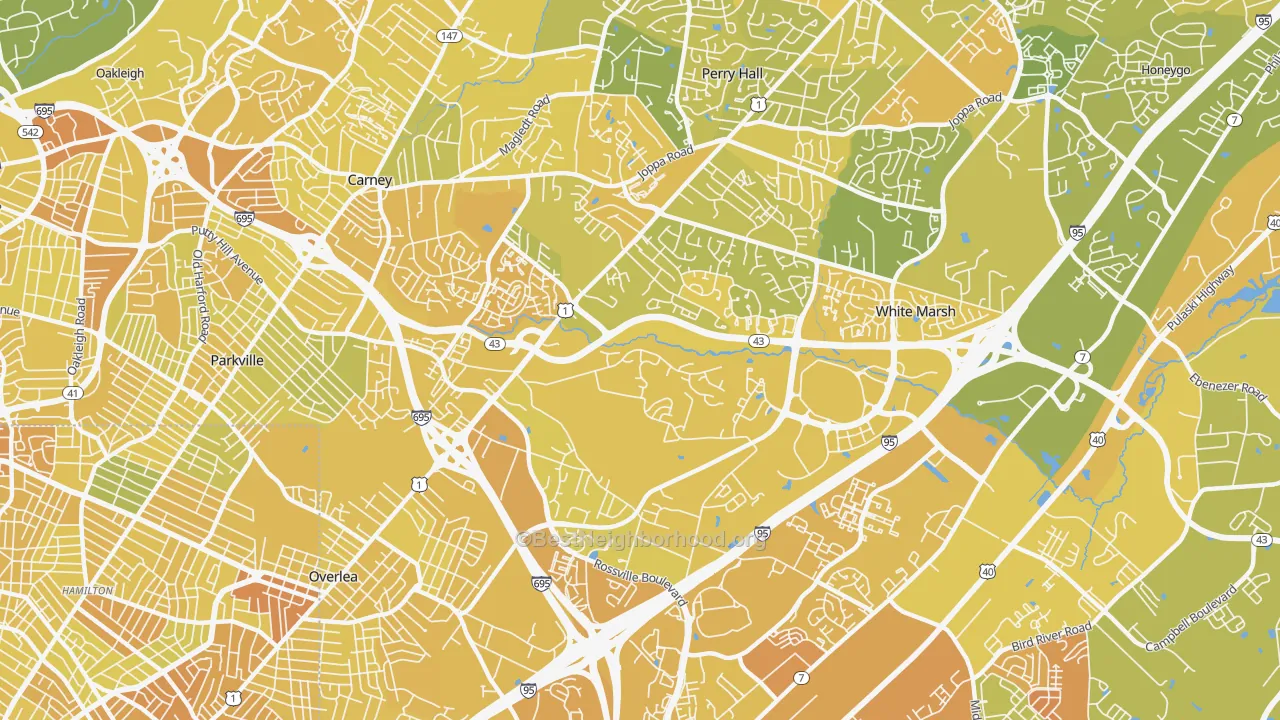 Map of the best neighborhoods in the Nottingham area, with better matches in green and worse matches in red