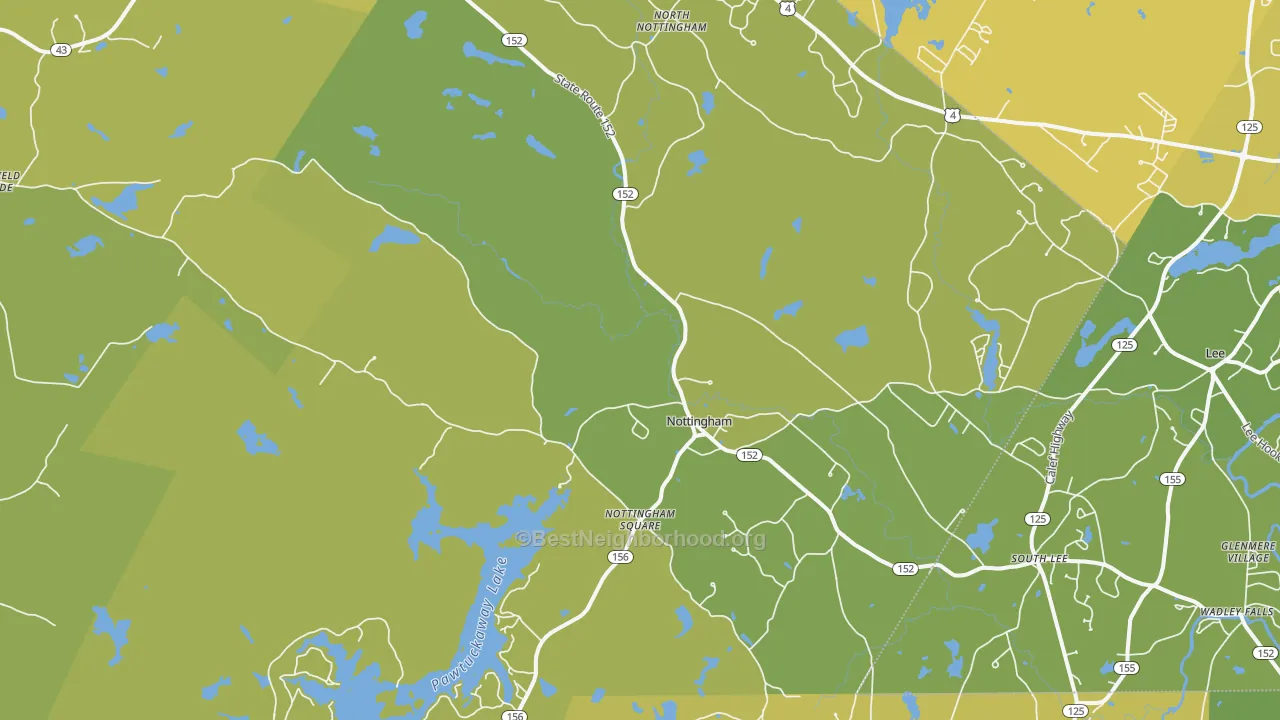 Map of the best neighborhoods in the Nottingham area, with better matches in green and worse matches in red