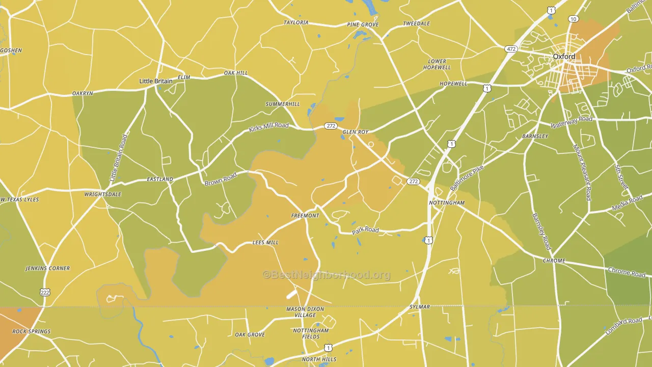 Map of the best neighborhoods in the Nottingham area, with better matches in green and worse matches in red