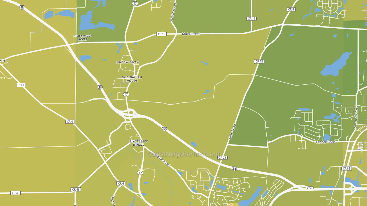 Map of the best neighborhoods in the Nottingham Woods area, with better matches in green and worse matches in red