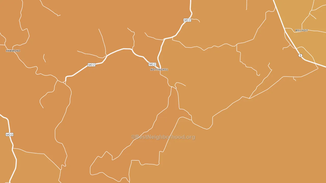 Map of the best neighborhoods in the Nottinghill area, with better matches in green and worse matches in red