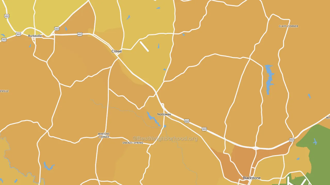 Map of the best neighborhoods in the Nottoway County area, with better matches in green and worse matches in red