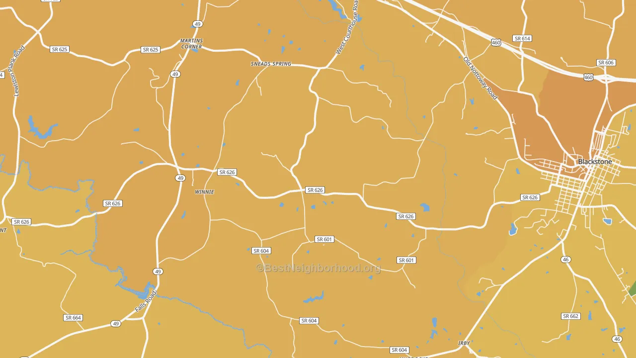 Map of the best neighborhoods in the Nottoway area, with better matches in green and worse matches in red