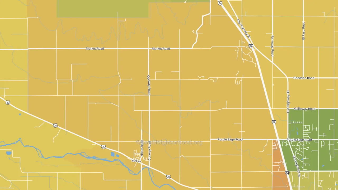 Map of the best neighborhoods in the Notus area, with better matches in green and worse matches in red