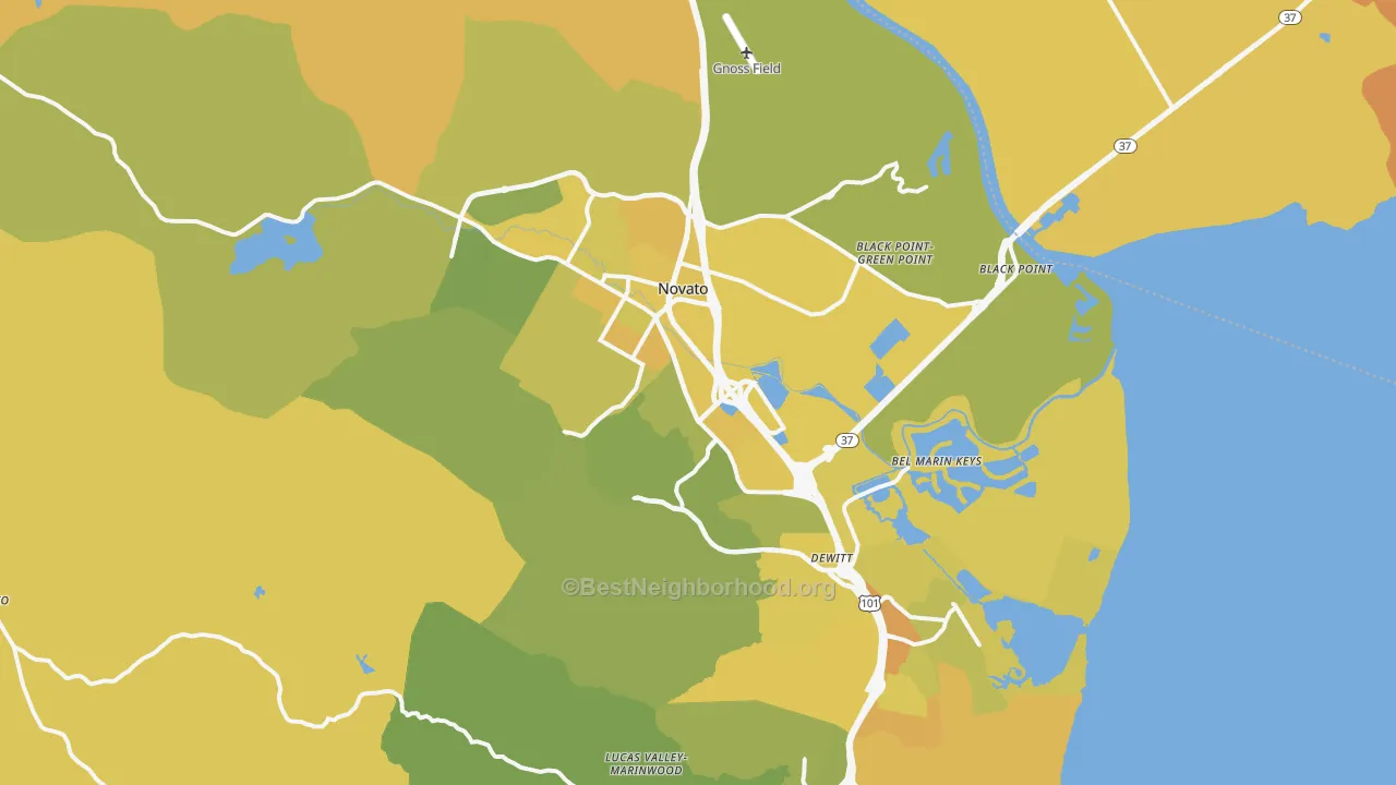 Map of the best neighborhoods in the Novato area, with better matches in green and worse matches in red
