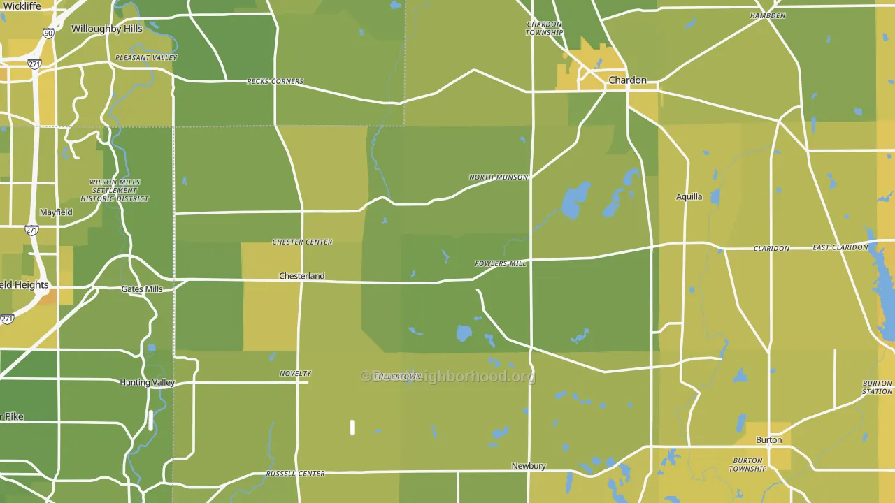 Map of the best neighborhoods in the Novelty area, with better matches in green and worse matches in red