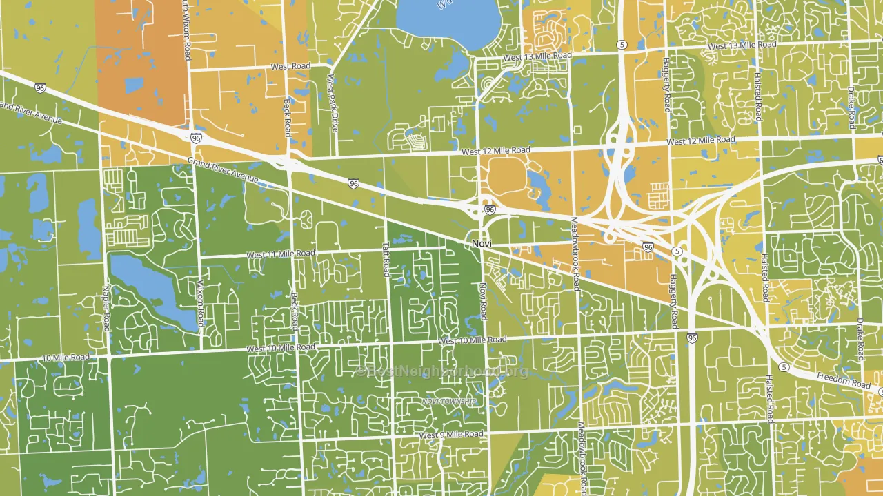 Map of the best neighborhoods in the Novi area, with better matches in green and worse matches in red