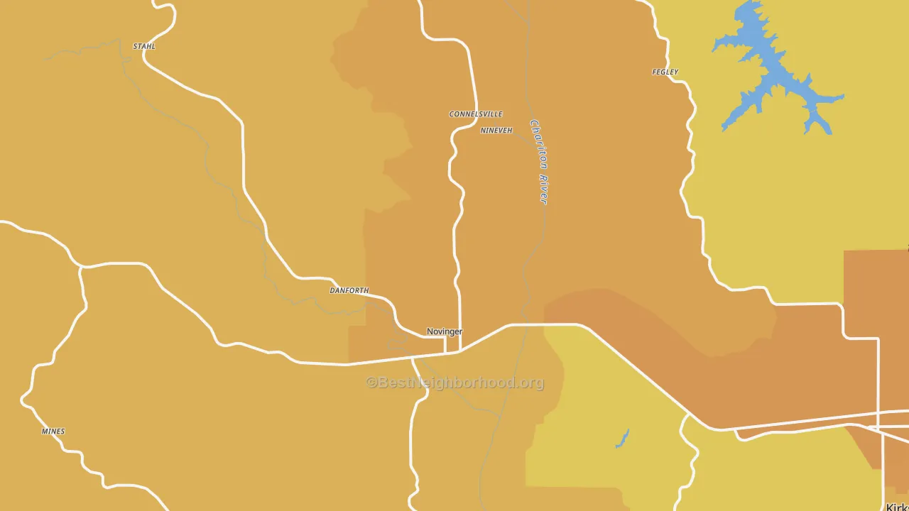 Map of the best neighborhoods in the Novinger area, with better matches in green and worse matches in red