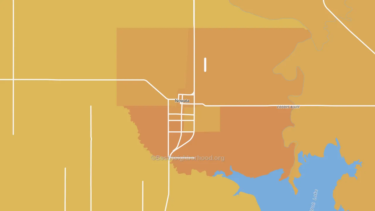 Map of the best neighborhoods in the Nowata area, with better matches in green and worse matches in red