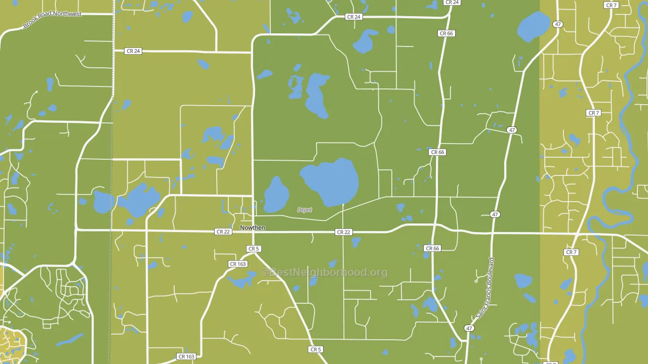 Map of the best neighborhoods in the Nowthen area, with better matches in green and worse matches in red