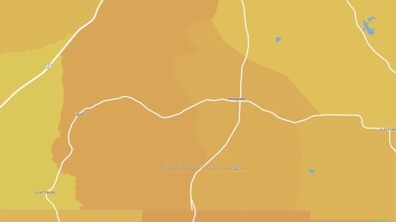 Map of the best neighborhoods in the Noxapater area, with better matches in green and worse matches in red