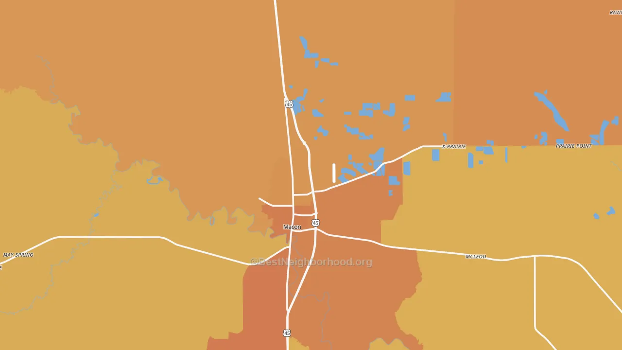 Map of the best neighborhoods in the Noxubee County area, with better matches in green and worse matches in red