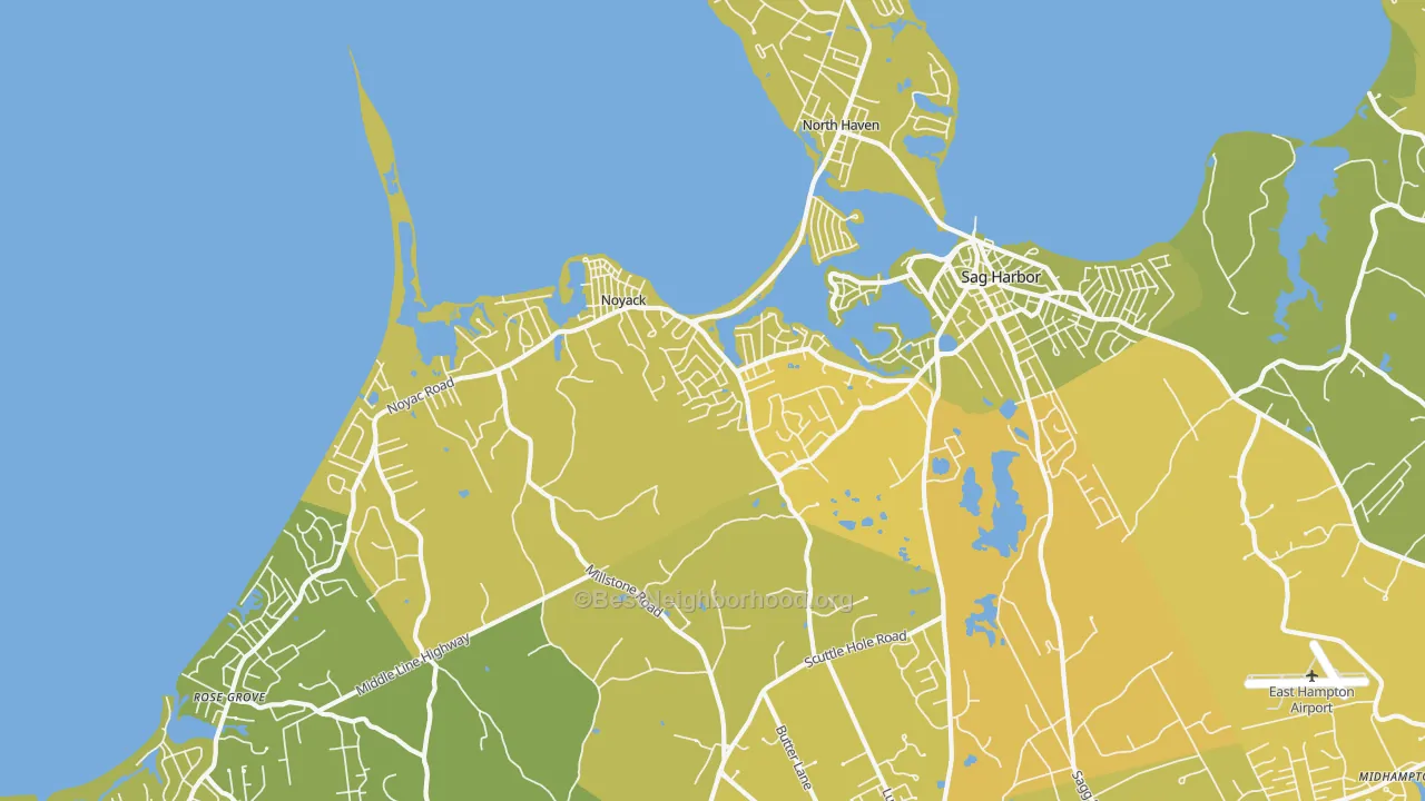 Map of the best neighborhoods in the Noyack area, with better matches in green and worse matches in red