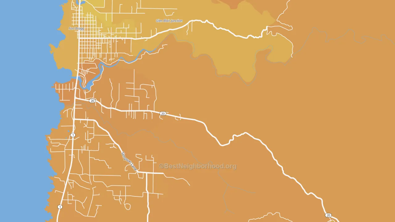 Map of the best neighborhoods in the Noyo area, with better matches in green and worse matches in red