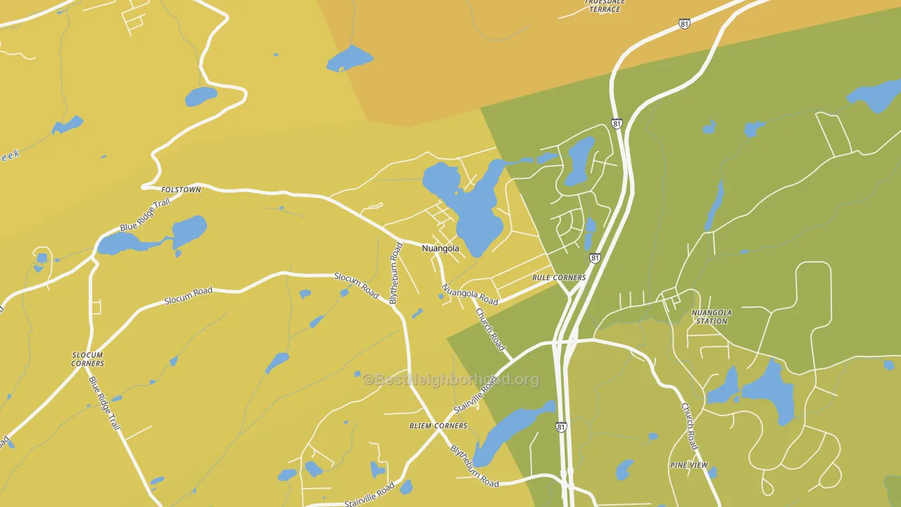 Map of the best neighborhoods in the Nuangola area, with better matches in green and worse matches in red
