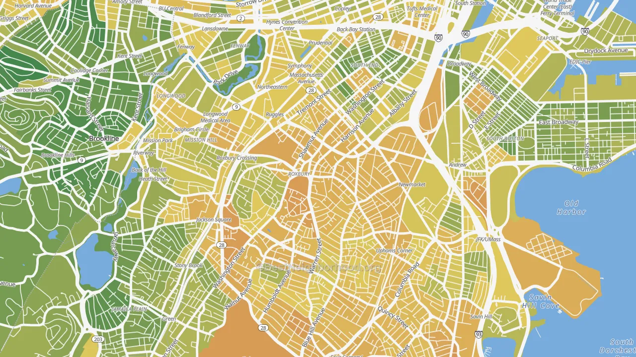 Map of the best neighborhoods in the Nubian Square, Boston area, with better matches in green and worse matches in red