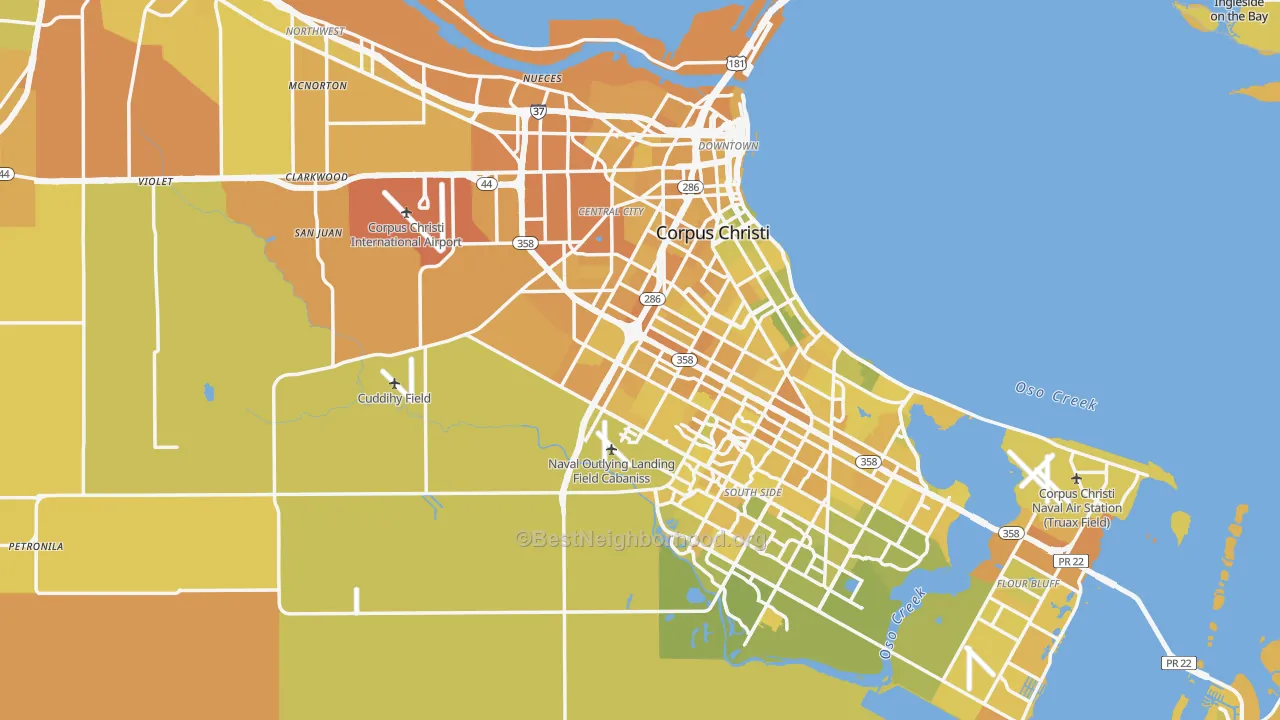 Map of the best neighborhoods in the Nueces County area, with better matches in green and worse matches in red