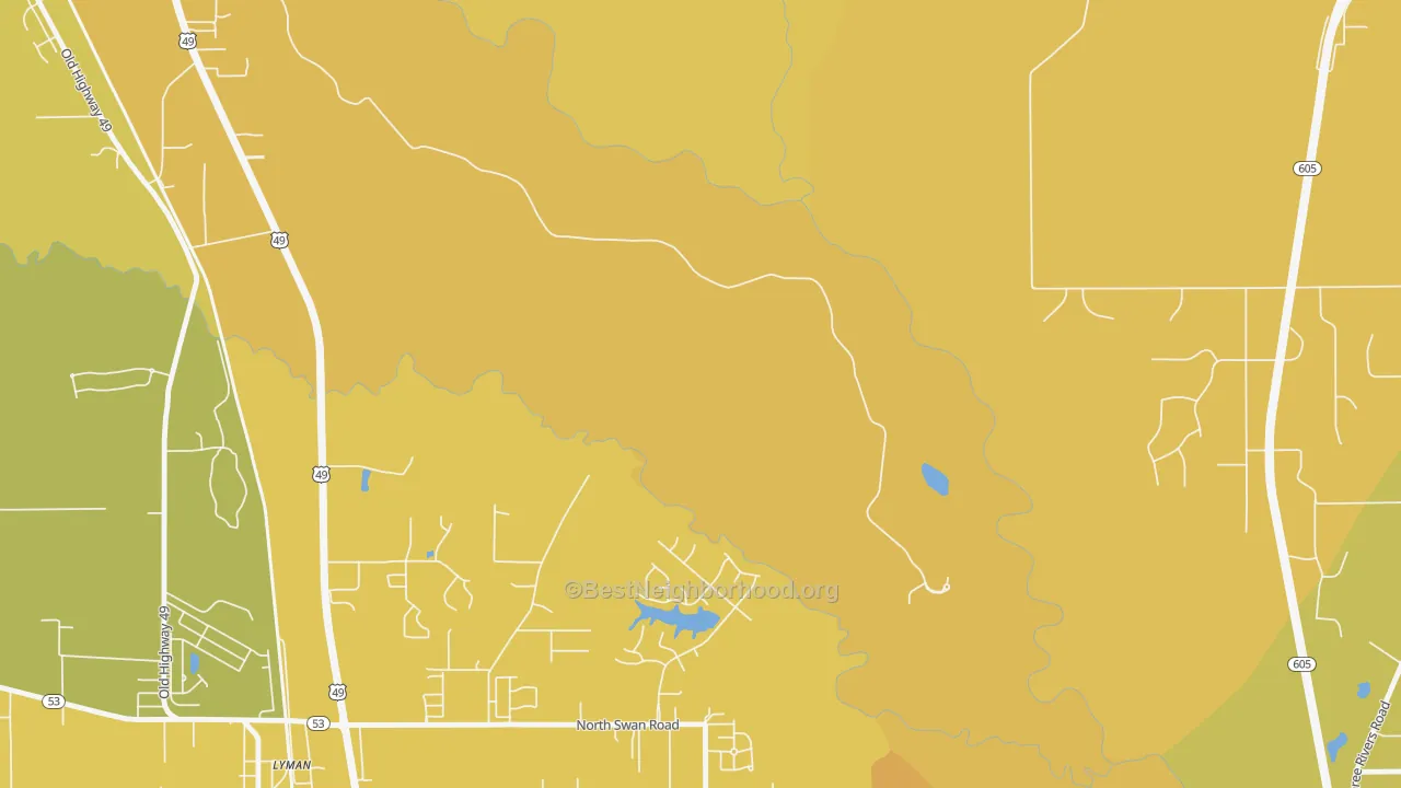 Map of the best neighborhoods in the Nugent area, with better matches in green and worse matches in red