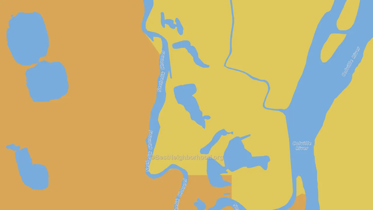 Map of the best neighborhoods in the Nuiqsut area, with better matches in green and worse matches in red