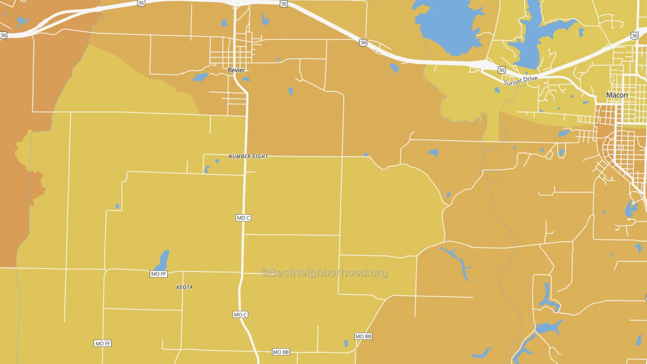 Map of the best neighborhoods in the Number Eight area, with better matches in green and worse matches in red
