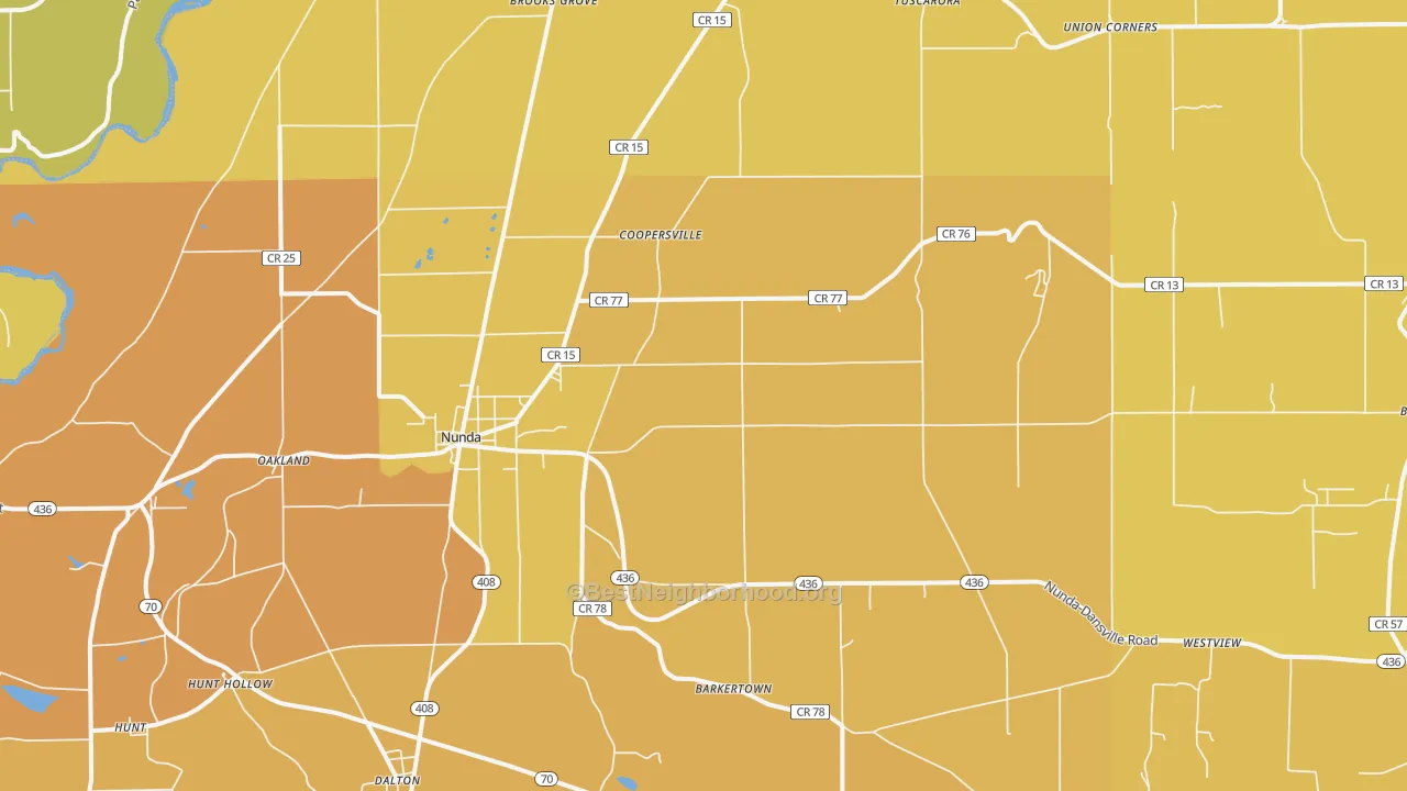 Map of the best neighborhoods in the Nunda area, with better matches in green and worse matches in red