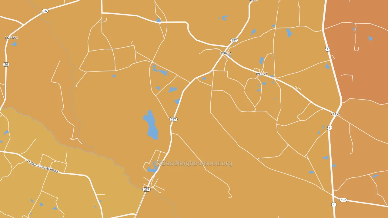 Map of the best neighborhoods in the Nunez area, with better matches in green and worse matches in red