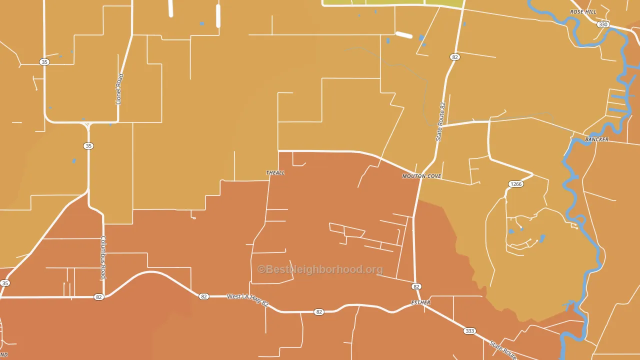Map of the best neighborhoods in the Nunez area, with better matches in green and worse matches in red