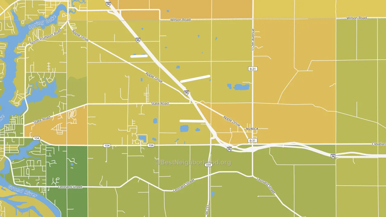 Map of the best neighborhoods in the Nunica area, with better matches in green and worse matches in red