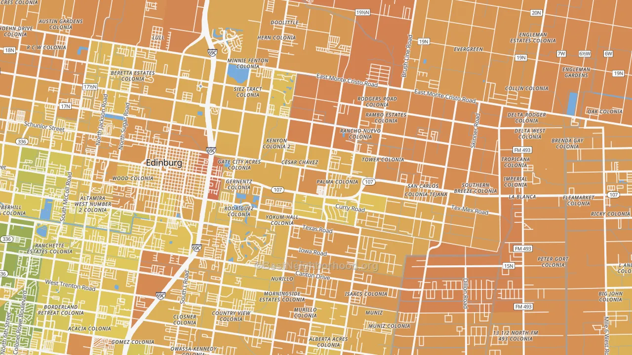 Map of the best neighborhoods in the Nurillo area, with better matches in green and worse matches in red