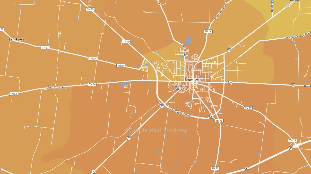 Map of the best neighborhoods in the Nutbush area, with better matches in green and worse matches in red