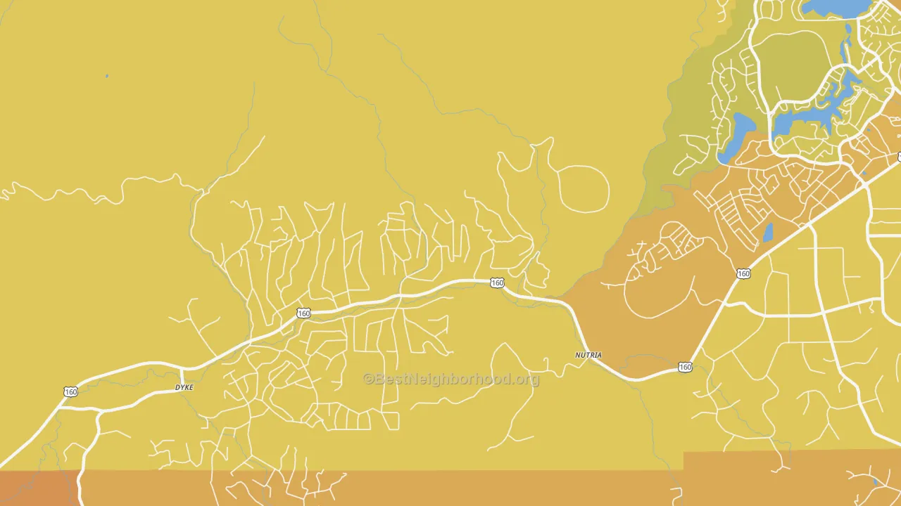 Map of the best neighborhoods in the Nutria area, with better matches in green and worse matches in red