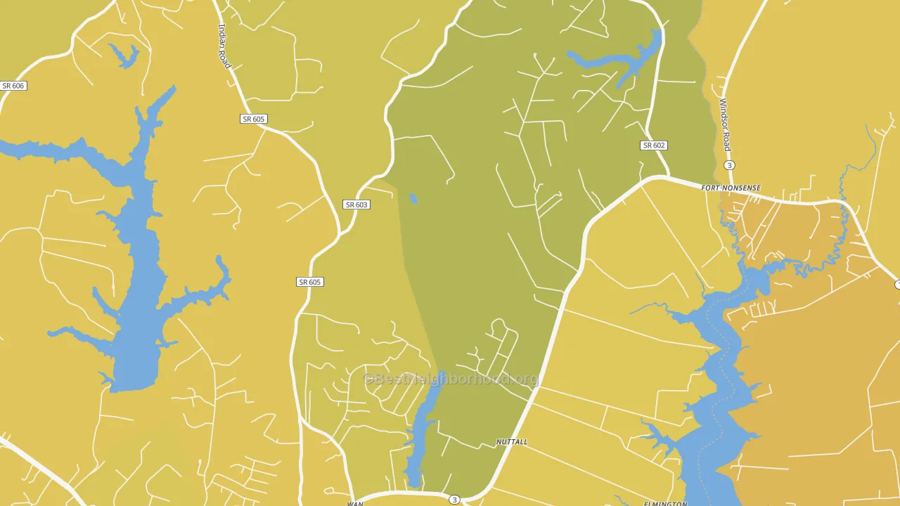 Map of the best neighborhoods in the Nuttall area, with better matches in green and worse matches in red