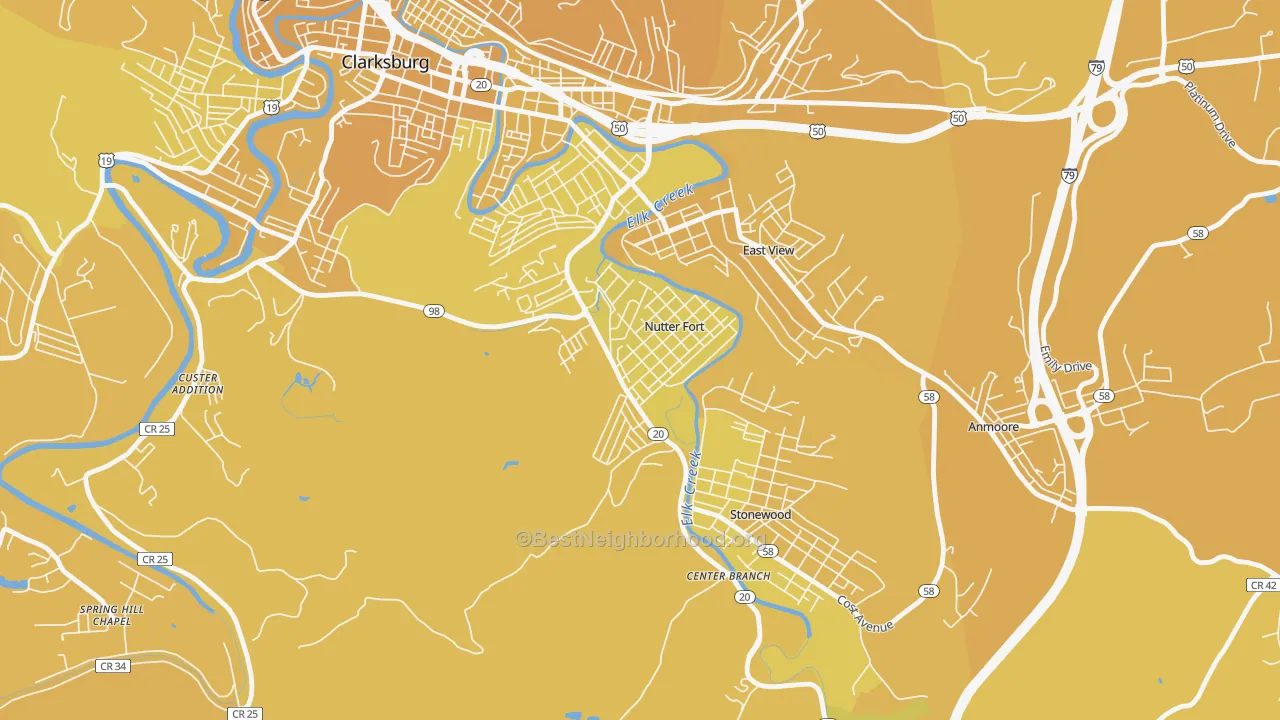 Map of the best neighborhoods in the Nutter Fort area, with better matches in green and worse matches in red