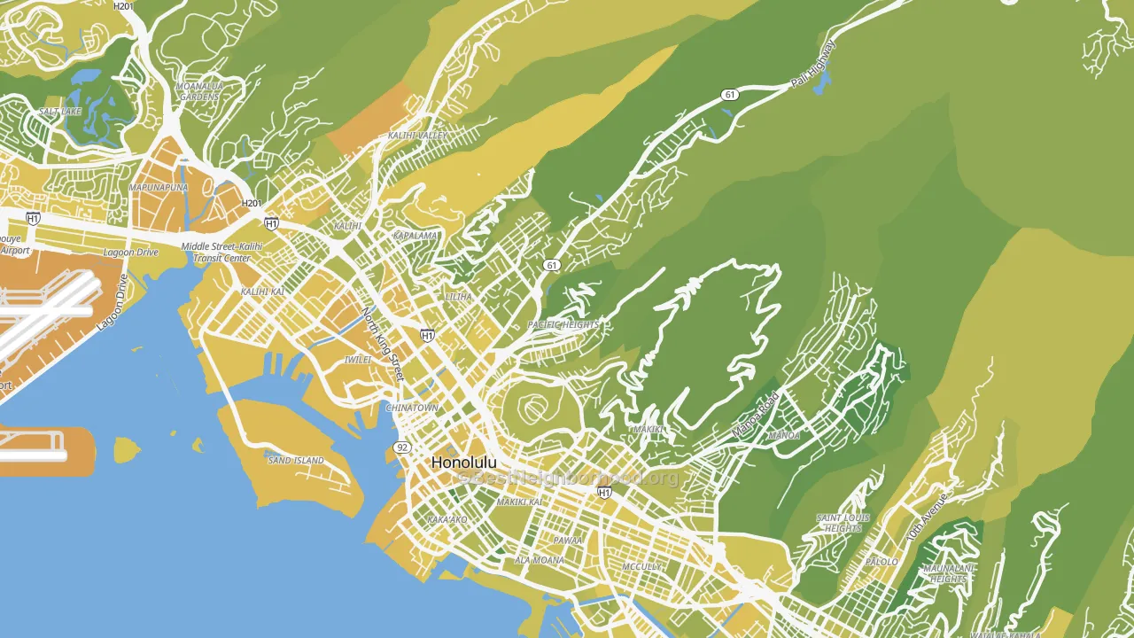 Map of the best neighborhoods in the Nuuanu-Punchbowl, Honolulu area, with better matches in green and worse matches in red